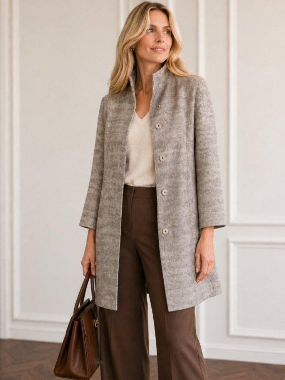 Eileen Fisher Enigma Jacquard Coat Silk Blend Relax Fit Taupe Medium